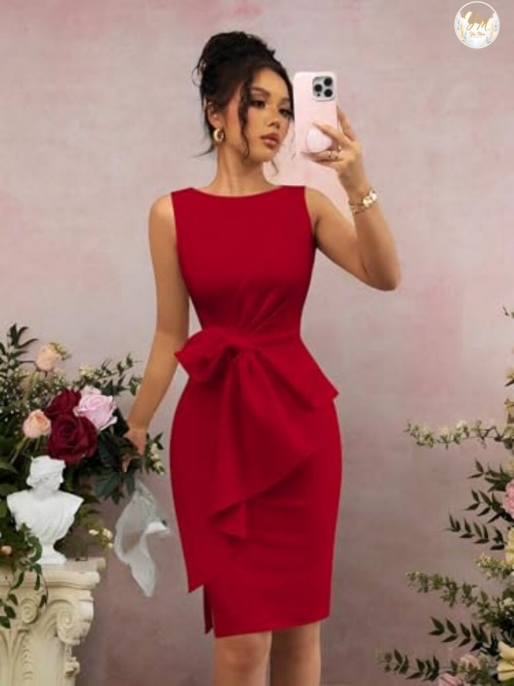 Sleeveless Boat Neck Ruched Waist Pencil Midi Dress Bow Detail - Picture 4 of 6